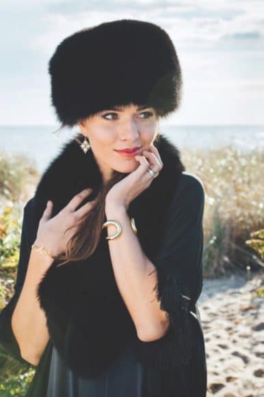 Dress & Jacket: The Lovely; Hat: Peter Beaton; Fur Stole: Shift; Earrings and Ring: Zero Main; Bracelets: Erica Wilson