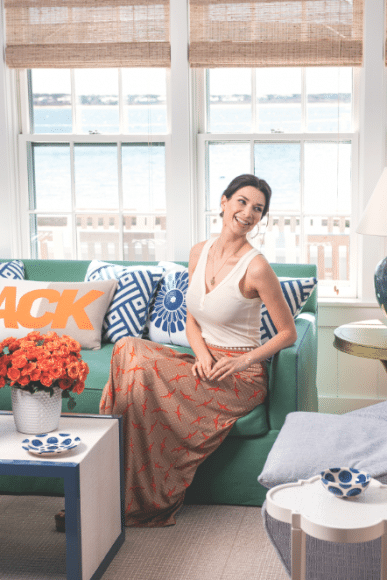 TOP: Milly & Grace, SKIRT: currentVintage, EARRINGS, BRACELET & NECKLACE: 28 Centre Pointe | COFFEE TABLE & Small White TABLE: Oomph for 28 Centre Pointe, ACK PILLOW in Cashmere & Other Pillows in Thibaut fabric “Sun Garden + Partere” available exclusively at 28 Centre Point