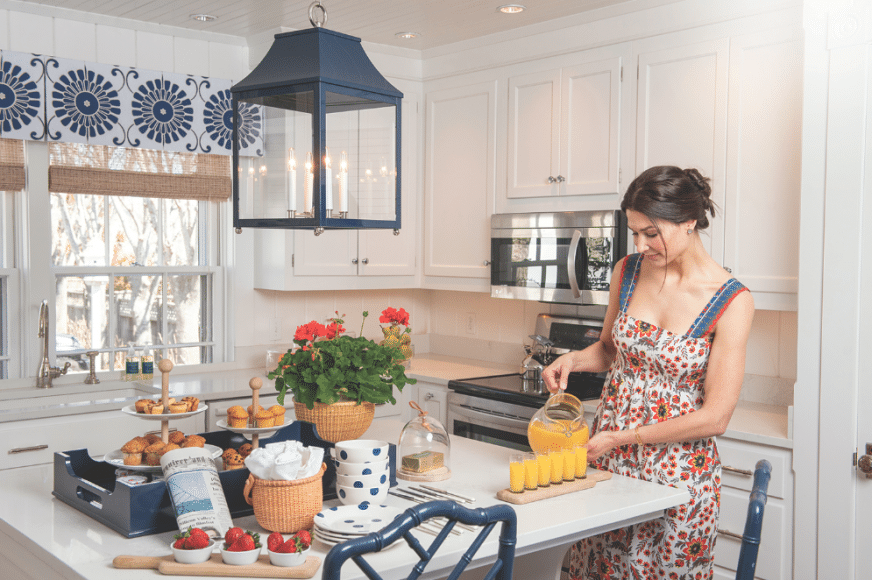 DRESS: Milly & Grace, BRACELET, RING & EARRINGS: 28 Centre Pointe | “Palo Alto” Oomph LANTERN & TRAY in Club Navy, Polka Dot DISHES, Thibaut Fabric “Sun Garden Embroidery” VALANCE & all other accessories available exclusively at 28 Centre Pointe