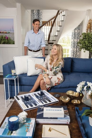 WALL ART, PILLOWS, TABLETOP ACCESSORIES, BACKGAMMON SET, BOOKS, BOWLS, JEWELRY: Centre Pointe
ON HIM — SHIRT, BELT: Vineyard Vines, PANTS: Murray's Toggery 
ON HER — DRESS: Shari's Place