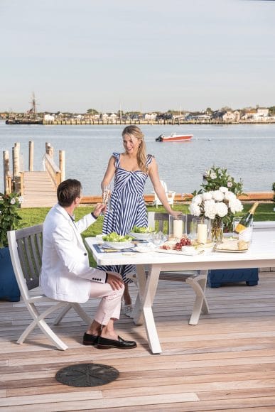 PLANTERS, CHEESEBOARD, HURRICANES, TABLETOP GLASSWARE: Centre Pointe 
ON HIM — SPORT COAT, SHIRT, PANTS, SHOES: Murray's Toggery 
ON HER — DRESS: Shari's Place, SHOES: Veronica Beard X Perch