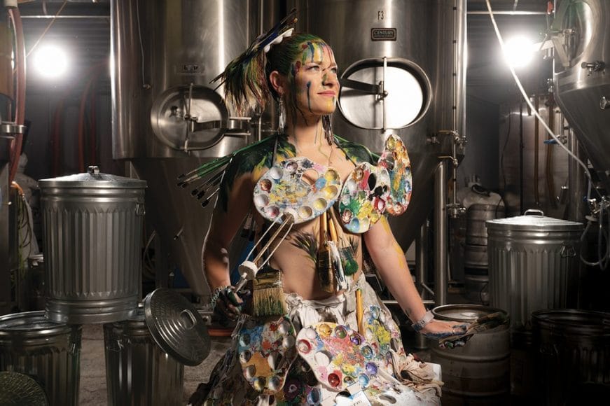 Four-time Trashion Show model Lindsay Feller up-cycled an artistic look based around her Cisco winter art gatherings called “Pints & Paints”. She highlighted firsthand how artists can do their best to create zero waste with their programs.