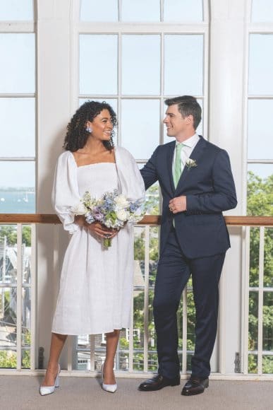 ON HER: 
DRESS: The Skinny Dip
SHOES: Clorinda Antinori
EARRINGS: Milly & Grace 
NECKLACE: The Vault
RING: Susan Lister Locke
BOUQUET: Soiree Floral

ON HIM: 
SUIT, SHIRT, TIE, BELT, SHOES: Murray’s Toggery Shop
RING: Susan Lister Locke
BOUTONNIERE: Soiree Floral

